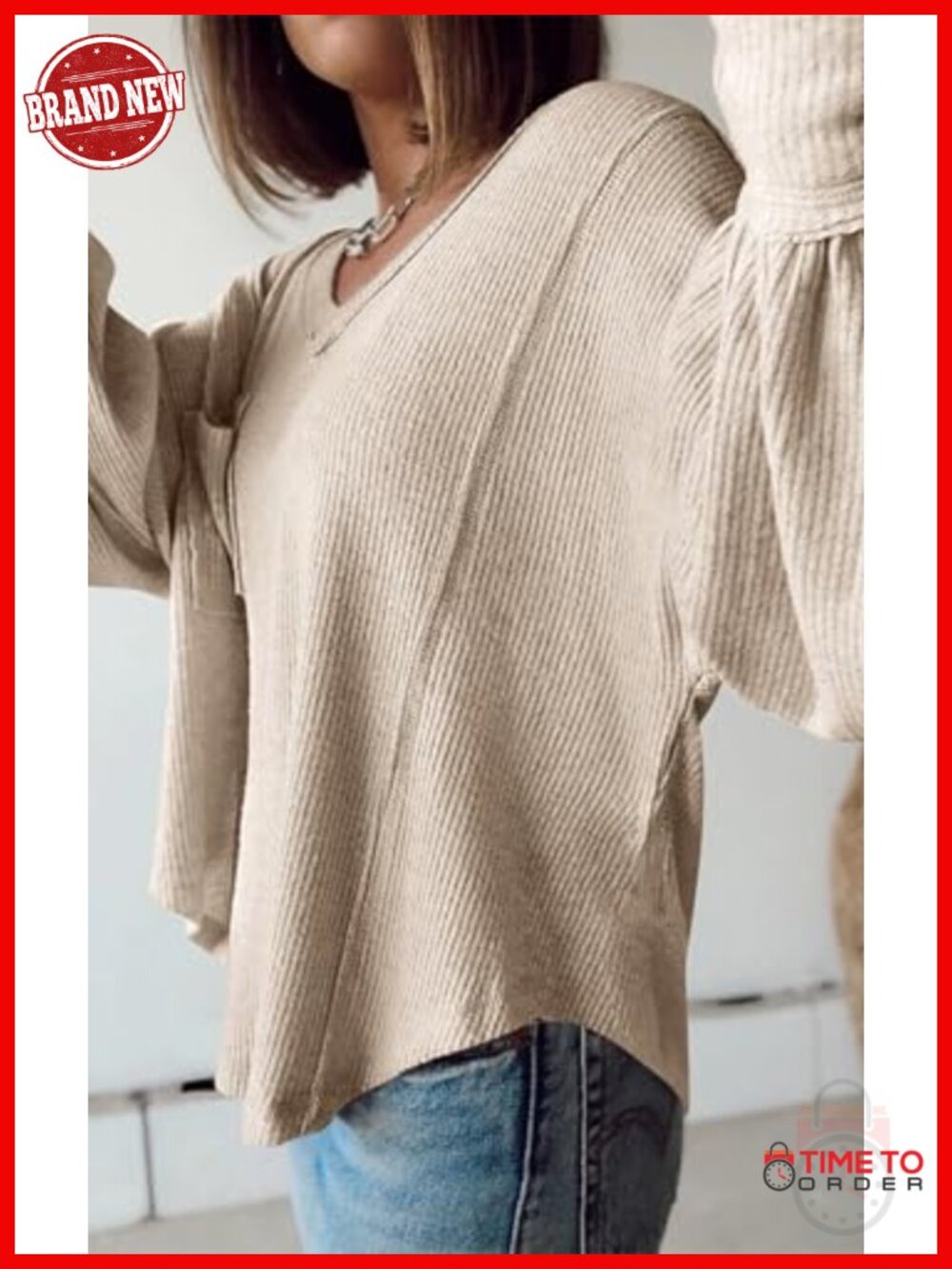 Long Sleeve V Neck Ribbed Knit Blouse Tunic Top Loose Fit Casual Pullover - Picture 4 of 6